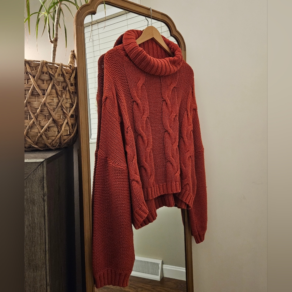 Cozy Cable Knit Turtleneck Sweater - Rusty Orange